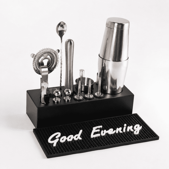 18-Piece 304 Stainless Steel Bartender Kit with Stand, Bar Mat and Recipe Book