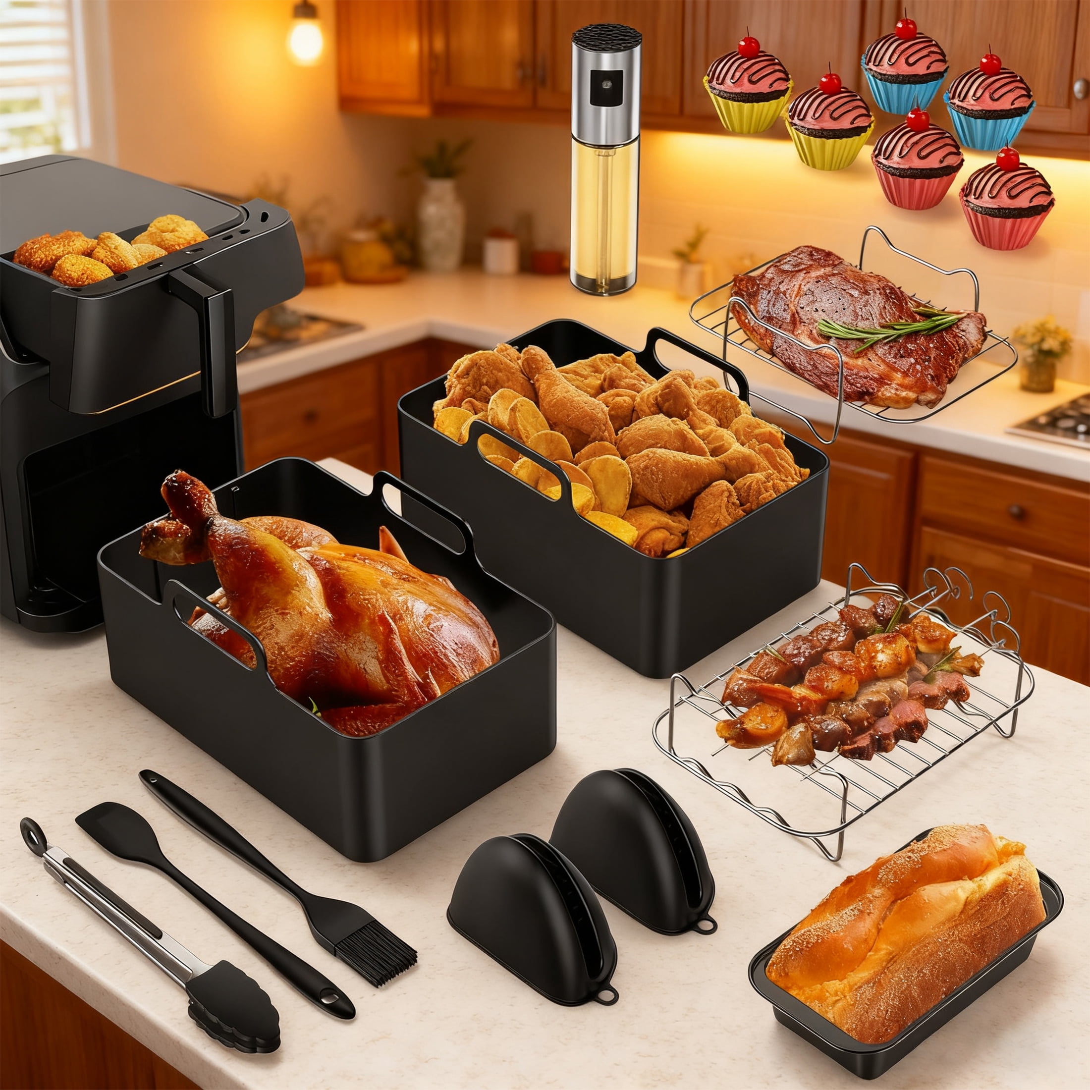 18-Piece Air Fryer Accessories Set | Dual Silicone Inserts for Simultaneous Cooking | 304 Stainless Steel, Dishwasher Safe | Compatible with Ninja, Philips, Princess 7.6L-9.5L Air Fryers