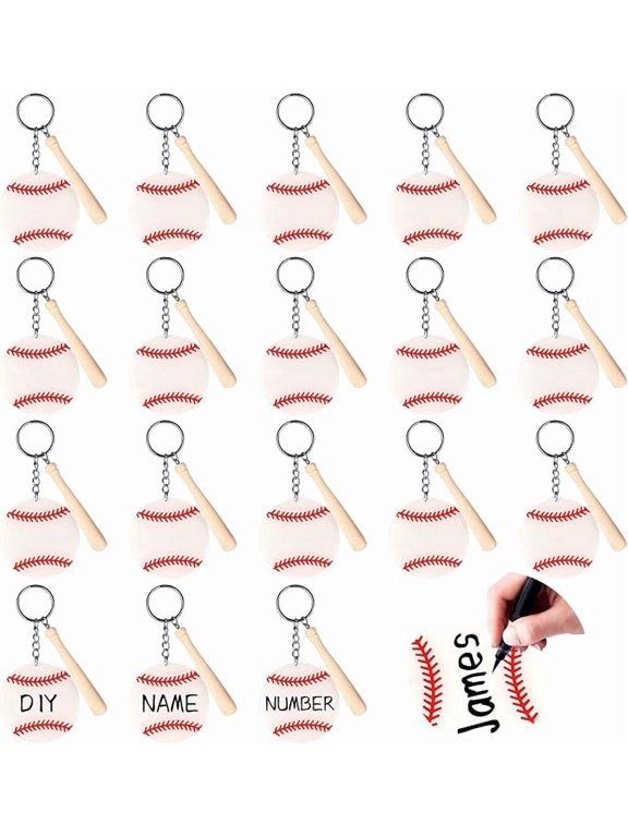 18 Piece Baseball Keychain Acrylic Baseball Keychain Blanks with Mini Wooden Handle White Baseball Bag Tags DIY Sports Party Favor