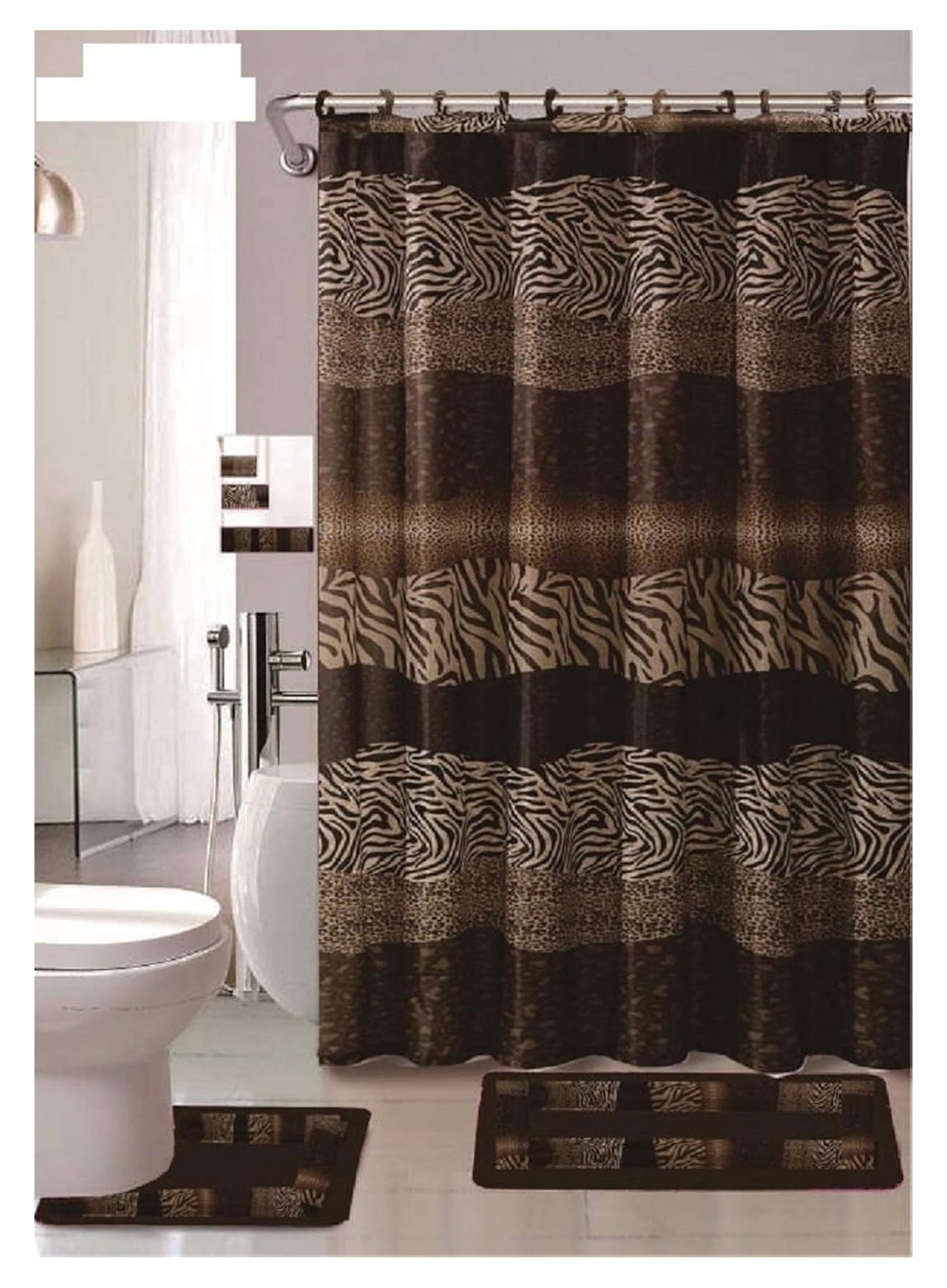18 Piece Bath Rug Set Leopard Brown Bathroom Rugs Zebra Shower Curtain Mat/Rings Towel Set- Animal Coffee