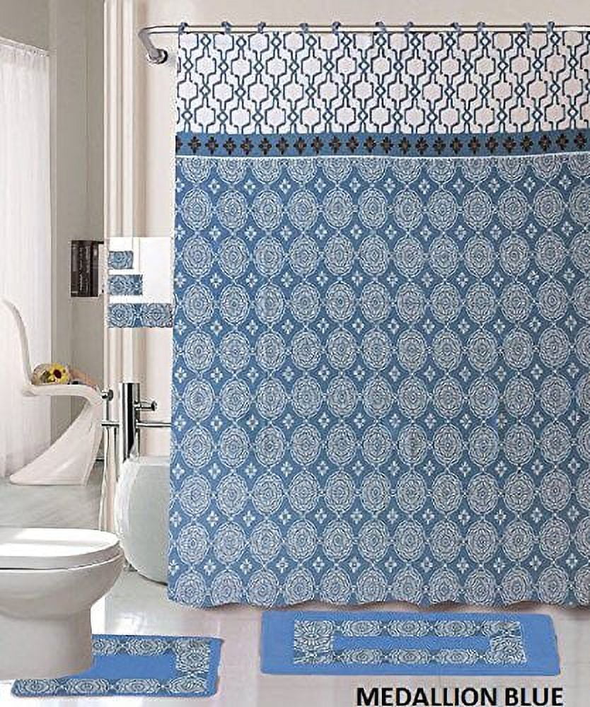 18 Piece Bath Rug Set Sky Blue Medallion print bathroom rugs shower curtain/rings and Towels sets-Medallion Blue