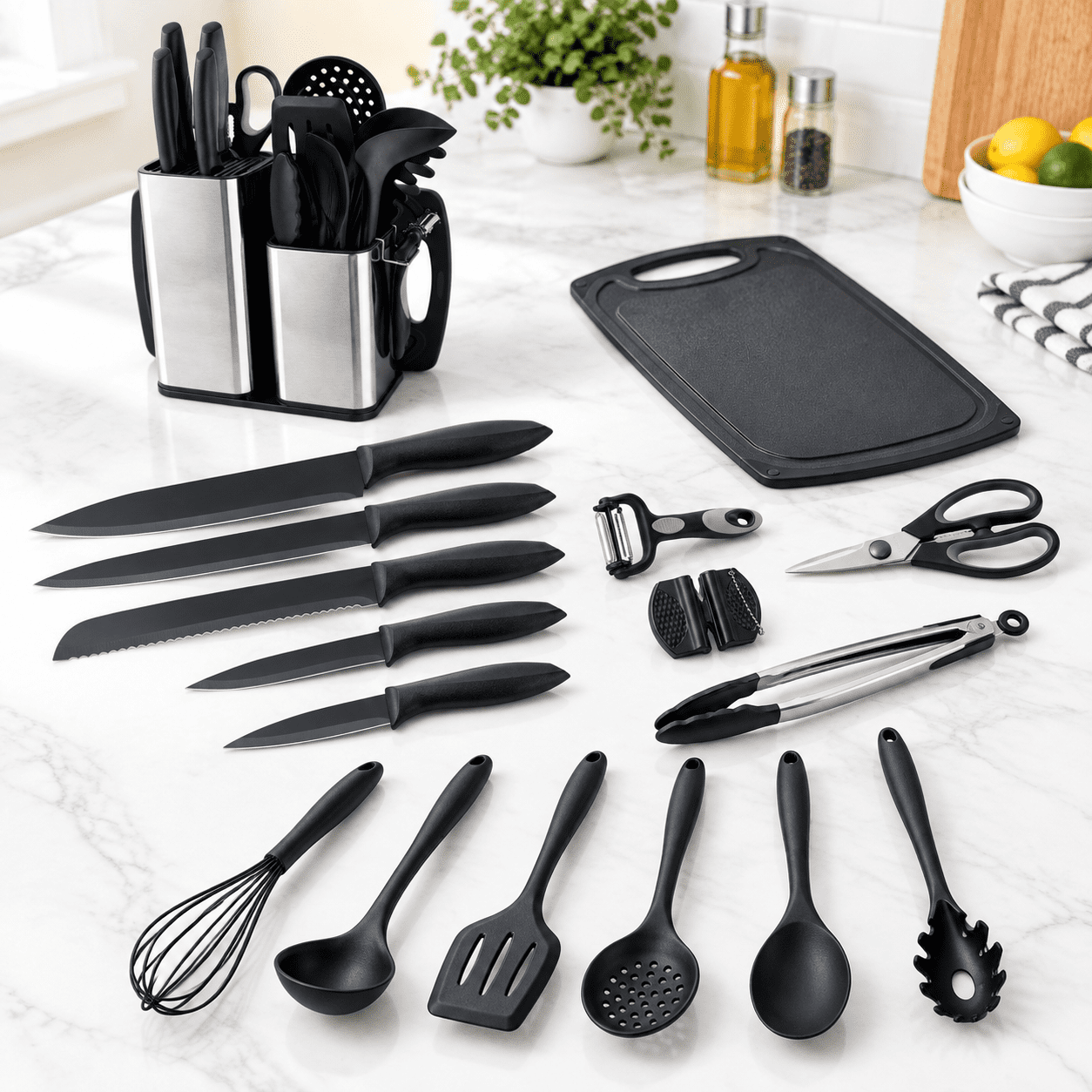 18-Piece Black Kitchen & Cooking Utensil Set with Storage Rack ...