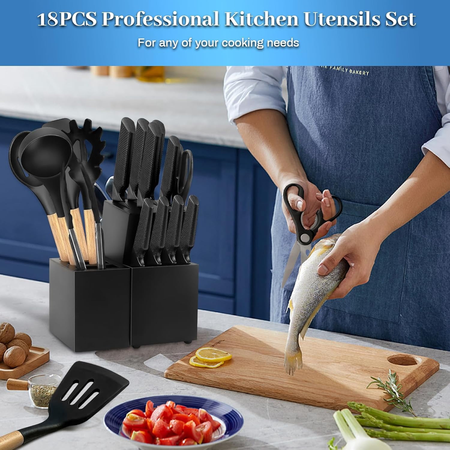 18-Piece Black Kitchen Knife Set with Holder, Professional Chef Knife Set Non-Stick Heat Resistant Silicone Utensils Wooden Handle for Cooking