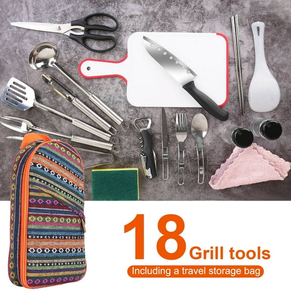 18-Piece Camping Cooking Utensil Kit, Portable Outdoor Picnic Cookware and Kitchen Equipment with Storage Bag for Campfire and BBQ