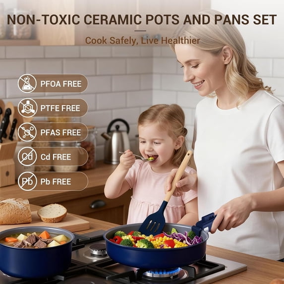 18-Piece Ceramic Cookware Set Non-Stick Detachable Handles Navy Blue