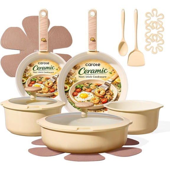 18 Piece Ceramic Cookware Set with Detachable Handles Non Stick Oven Safe Stackable Yellow