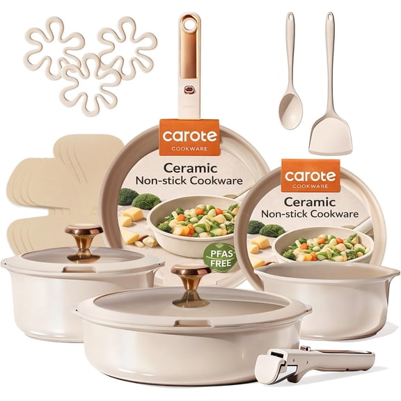 18 Piece Ceramic Cookware Set with Detachable Handles Nonstick Dishwasher and Oven Safe