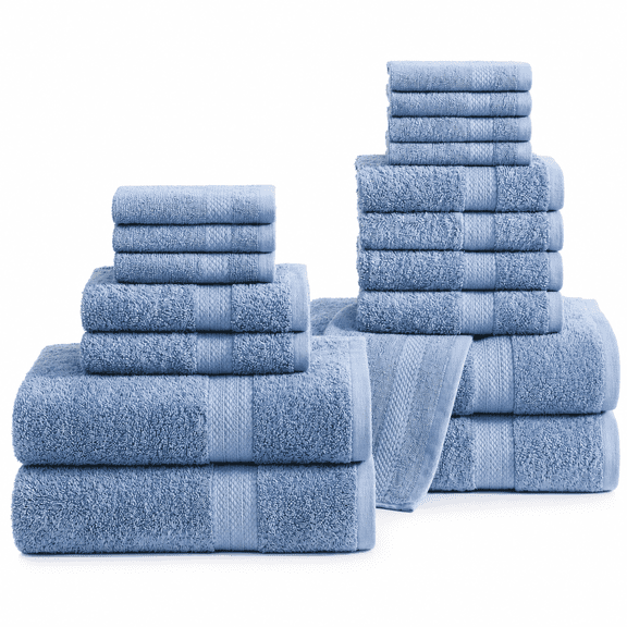 18 Piece Cerulean Blue Towel Set, Super Soft Absorbent Quick Dry Bathroom Linens