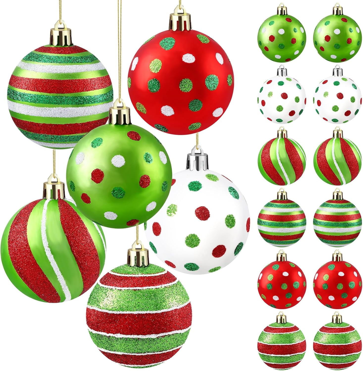 18-Piece Christmas Ornament Set - 2.4 Inch Glittering Baubles in Swirl Candy Cane and Elf Designs. Vibrant Red and Green Balls for Tree Decoration and Holiday Parties