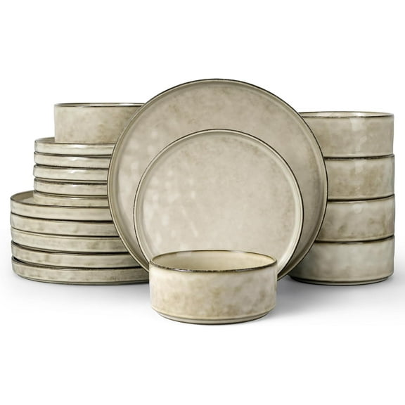 18 Piece Dinnerware Dish Set for 6, Stoneware Plates and Bowls, Ceramic Dinner Tableware Sets Includes Dinner Salad Plates, Cereal Bowls, Chip & Scratch Resistant, Sandy Beige