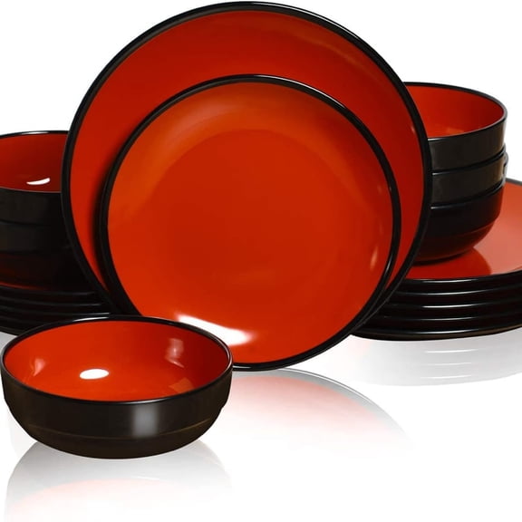 18-Piece Dinnerware Set, Melamine Dishes Set with Bowls and Plates, Service for 6, Non-breakable Lightweight Dining Tableware, Black and Red