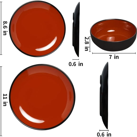 18-Piece Dinnerware Set, Melamine Dishes Set with Bowls and Plates, Service for 6, Non-breakable Lightweight Dining Tableware, Black and Red