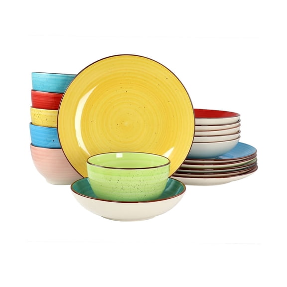 18-Piece Dinnerware Set, Service for 6, Colorful Stoneware with Brown Edges