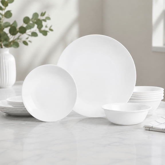 18-Piece 6-Person Dinnerware Set, Lightweight Triple-Layer Glass, Chip Resistant, Round Plates and Bowls, Winter Frost White