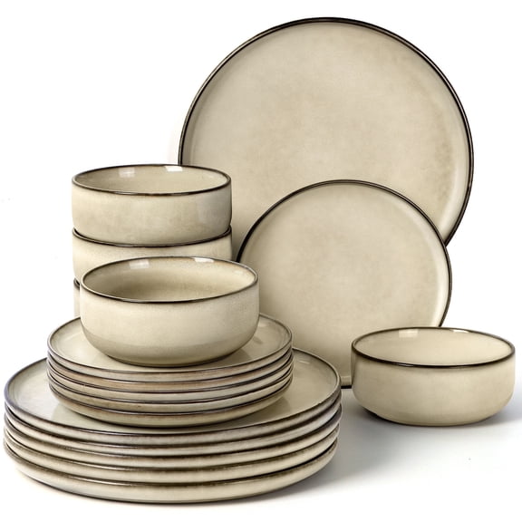 Onader Dinnerware Sets for 6, 18-Piece Plates and Bowls Set, Reactive Glaze Dishes, Stoneware Dinnerware set, Microwave & Dishwasher Safe - Sandy Beige