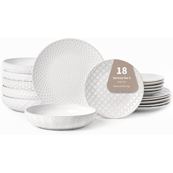 18-Piece Embossed Ceramic Dinnerware Set for 6 People Including Dinner Plates Salad Plates and Pasta Bowls White Mixed Embossment