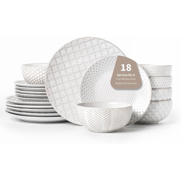 18-Piece Embossed Stoneware Dinnerware Set for 6 Microwave and Dishwasher Safe White with Mixed Embossment