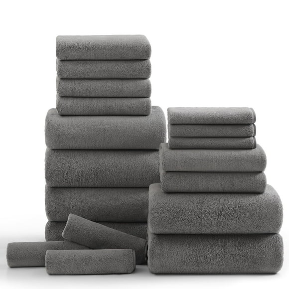 Kebury 18 Piece Family Bath Towels Set - 6 Bath Sheets, 6 Hand Towels & 6 Washcloths - Microfiber Shower Towels with Hanging Loop Absorbent Ultra Soft Towels for Bathroom Spa Gym- Dark Grey