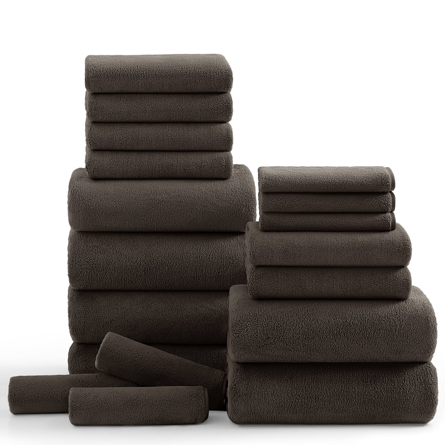 Kebury 18 Piece Family Bath Towels Set - 6 Bath Sheets, 6 Hand Towels & 6 Washcloths - Microfiber Shower Towels with Hanging Loop Absorbent Ultra Soft Towels for Bathroom Spa Gym- Dark Brown
