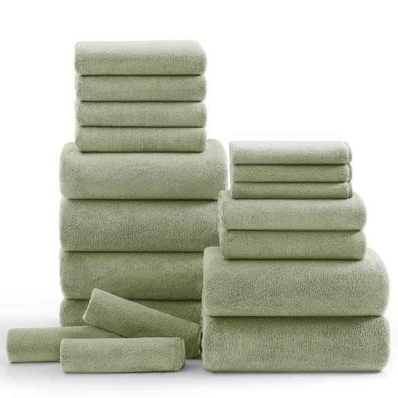 Kebury 18 Piece Family Bath Towels Set - 6 Bath Sheets, 6 Hand Towels & 6 Washcloths - Microfiber Shower Towels with Hanging Loop Absorbent Ultra Soft Towels for Bathroom Spa Gym- Light Green