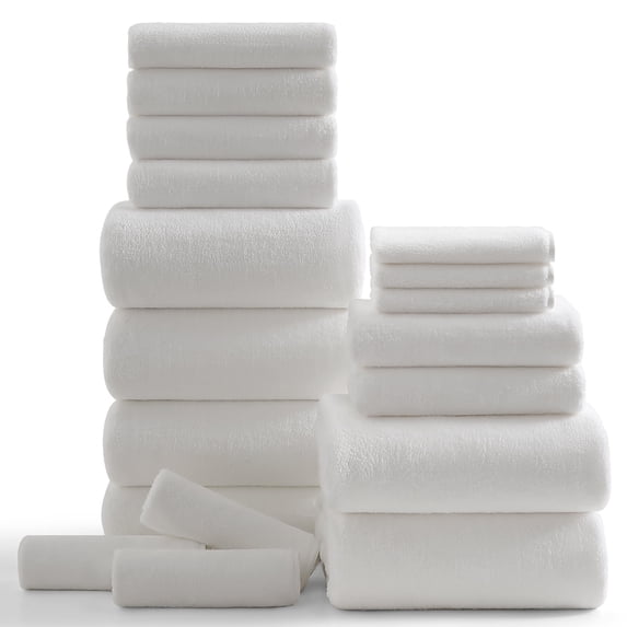 Kebury 18 Piece Family Bath Towels Set - 6 Bath Sheets, 6 Hand Towels & 6 Washcloths - Microfiber Shower Towels with Hanging Loop Absorbent Ultra Soft Towels for Bathroom Spa Gym- White