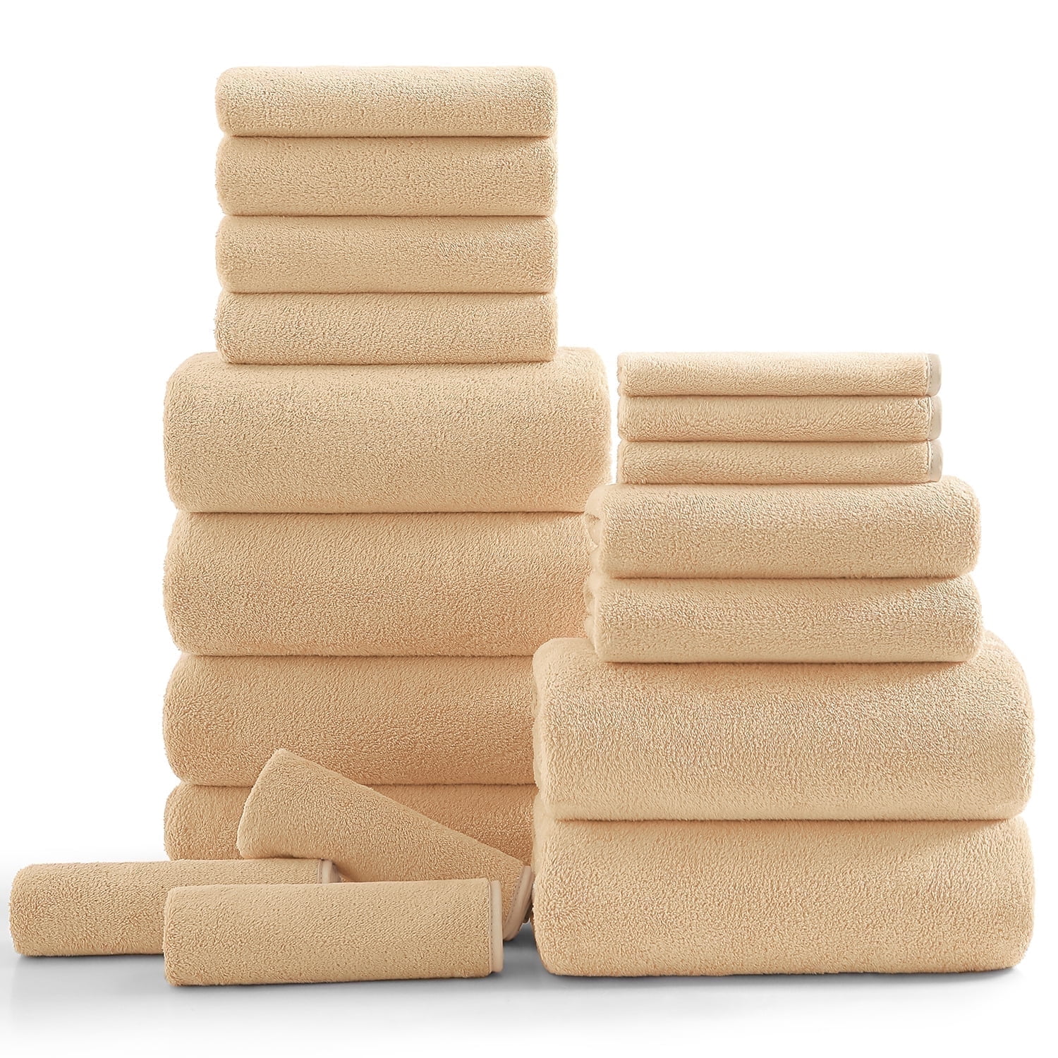 Kebury 18 Piece Family Bath Towels Set - 6 Bath Sheets, 6 Hand Towels & 6 Washcloths - Microfiber Shower Towels with Hanging Loop Absorbent Ultra Soft Towels for Bathroom Spa Gym- Apricot Yellow