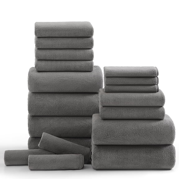 Kebury 18 Piece Family Bath Towels Set - 6 Bath Sheets, 6 Hand Towels & 6 Washcloths - Microfiber Shower Towels with Hanging Loop Absorbent Ultra Soft Towels for Bathroom Spa Gym- Dark Grey