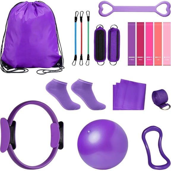 18-Piece Home Pilates Essentials Kit for Women - Complete Workout Equipment Set with Resistance Band, Yoga Ball, Ring, and Anti-Slip Socks (Pink)