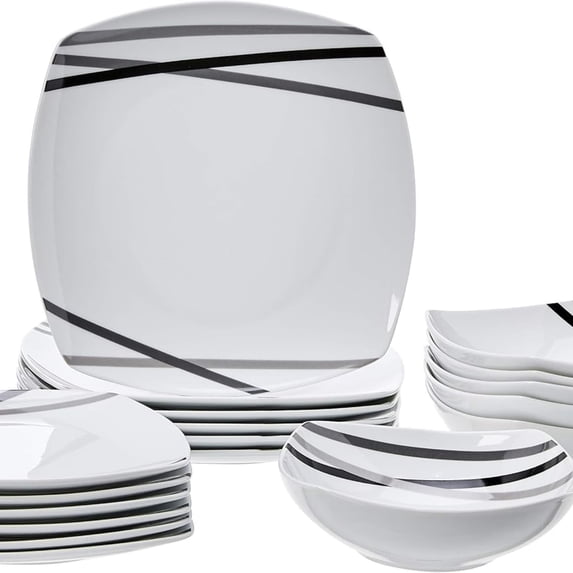 18 Piece Kitchen Dinnerware Set - Square Plates, Bowls, Service for 6 - Modern Beams