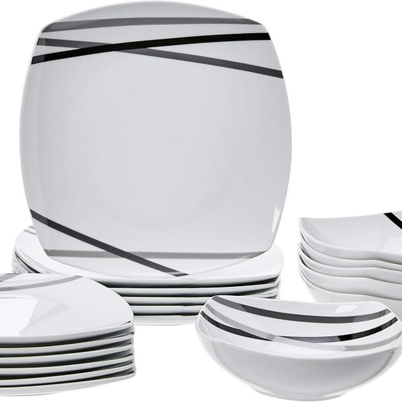 18 Piece Kitchen Dinnerware Set - Square Plates, Bowls, Service for 6 - Modern Beams