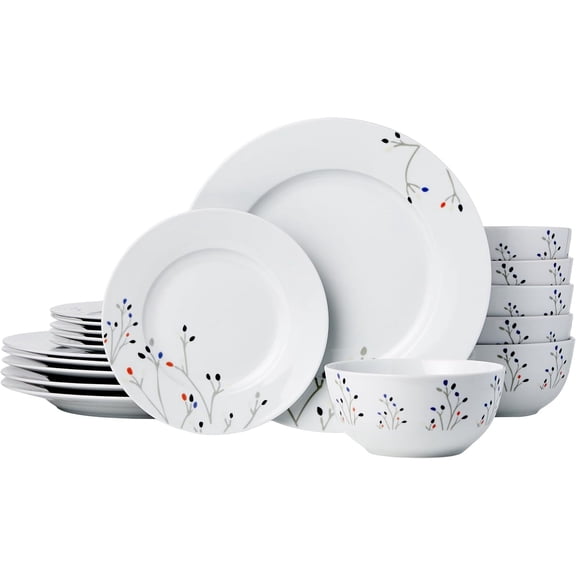 18-Piece Kitchen Dinnerware Set for 6, Microwave and Dishwasher Safe, Plates Bowls, Branches Color
