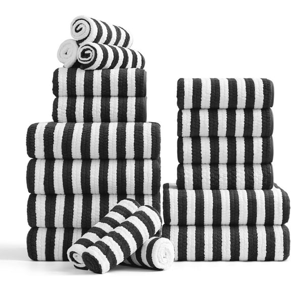18-Piece Microfiber Bath Towels Set - 6 Bath Sheet, 6 Hand Towels, 6 Washcloths, Soft, Highly Absorbent Bathroom Towel, Quick Dry & Less Lint Shower towel for Bathroom, Hotel, Spa, Dorm-Black White