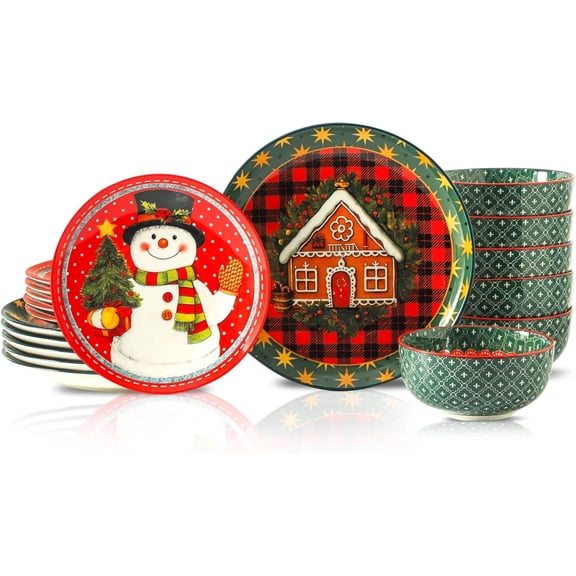 18-Piece Multicolor Ceramic Dinnerware Sets Service for 6, Christmas & Valentine's Day Plates and Bowls Set, Chip & Scratch Resistant Tableware Dishes, Microwave & Dishwasher Safe