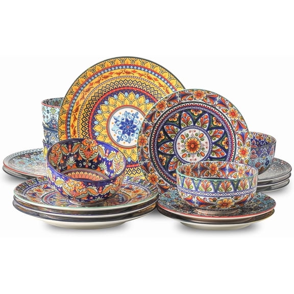 18-Piece Multicolor Ceramic Dinnerware Sets Service for 6, Christmas & Valentine's Day Plates and Bowls Set, Chip & Scratch Resistant Tableware Dishes, Microwave & Dishwasher Safe