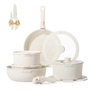 18 Piece Nonstick Cookware Set, Aluminum Pots & Pans with Detachable Handles and Lids, Stackable RV Kitchenware, Beige