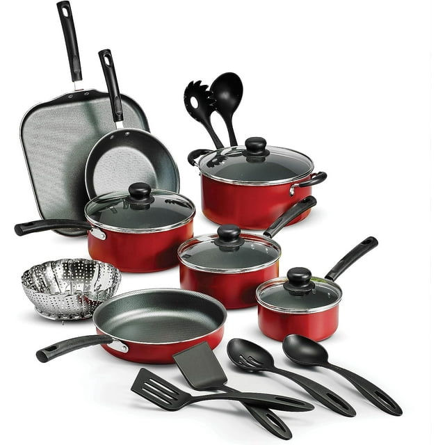 18 Piece Nonstick Cookware Set Red Aluminum Construction