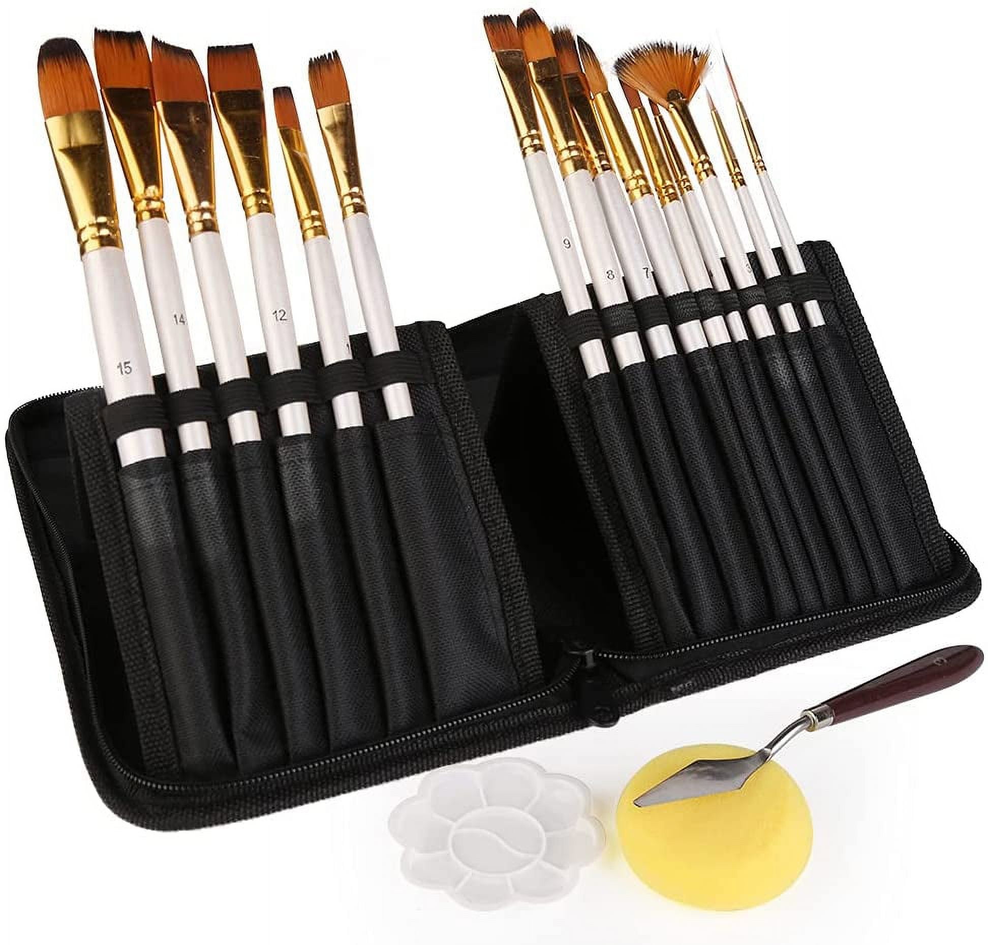 15PCS Paint Brushes Set with 3Palette Knife/Sponge/Tray Oil Painting  Accessories