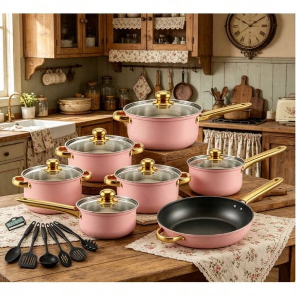 18-Piece Pink Stainless Steel Cookware Set, Classic Home Pots Compatible With Gas, Electric, Halogen, Ceramic And Induction Stoves