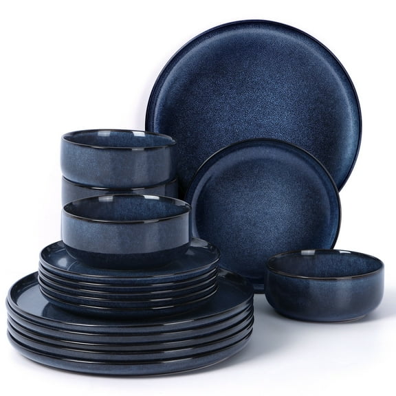 Onader Dinnerware Sets for 6, 18-Piece Plates and Bowls Set, Reactive Glaze Dishes, Stoneware Dinnerware set, Microwave & Dishwasher Safe - Deep Sea Blue