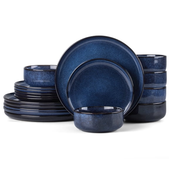 Onader Dinnerware Sets for 6, 18-Piece Plates and Bowls Set, Reactive Glaze Dishes, Stoneware Dinnerware set, Microwave & Dishwasher Safe - Deep Sea Blue