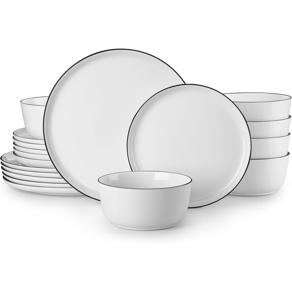 18 Piece Porcelain Dinnerware Set for 6 People White with Black Rim Microwave and Dishwasher Safe