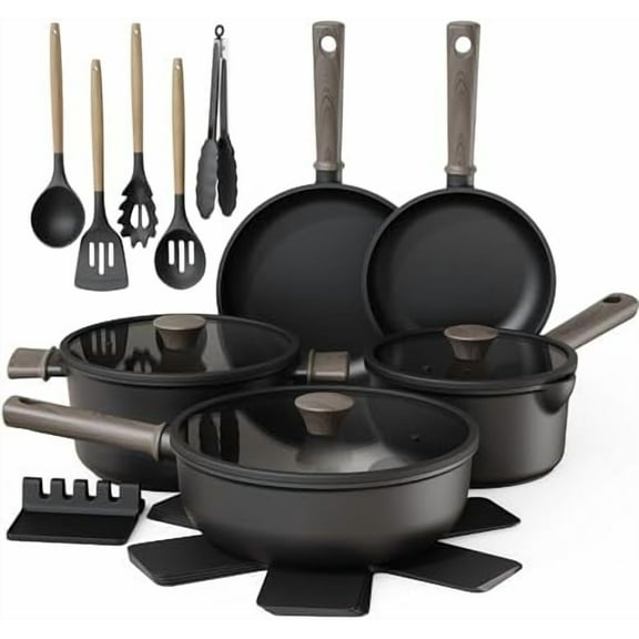 18-Piece Pots and Pans Set, Nonstick Cookware Set with Elegant Wooden Handle, Oven Safe to 480F, Induction Compatible, Camping and Picnic, Black$$Home Decor, Kitchen, & Other