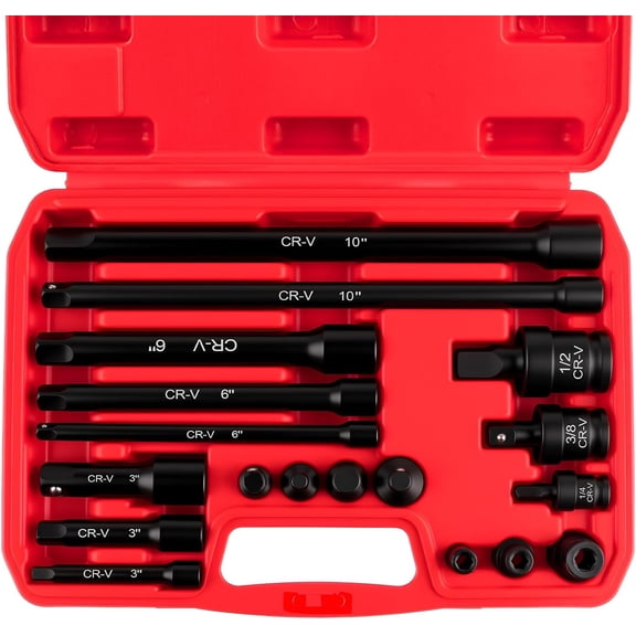 18-Piece Professional Impact Socket Extension Set with 1/4", 3/8" & 1/2" Drive Extension Bars, Socket Adapter Set, Swivel Universal Joints and Impact Coupler