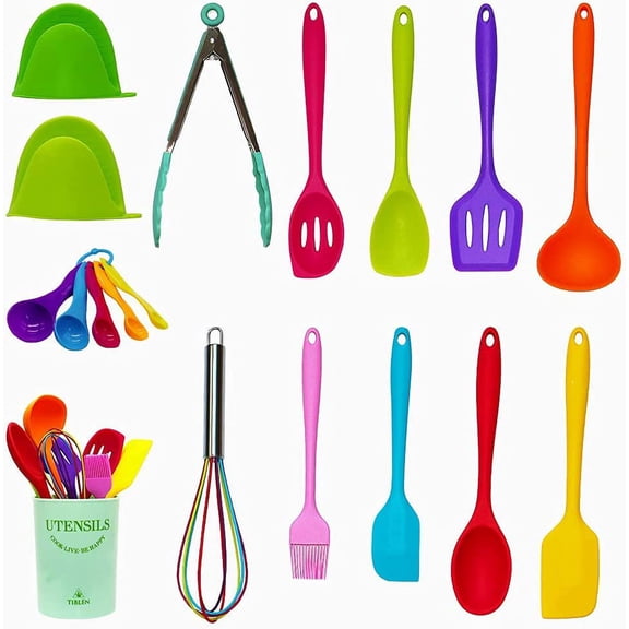 18-Piece Silicone Kitchen Utensils Set, Colorful Non-Toxic Cooking Tools, BPA Free Heat Resistant to 446F, Safe for Non-Stick Cookware, Spoons Spatula Tongs Whisk Ladle, Dishwasher by