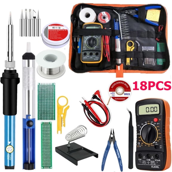 18-Piece Soldering Iron Kit with Digital Multimeter, 60W Adjustable Temperature LCD Display Welding Tool Set for Electronics Repair