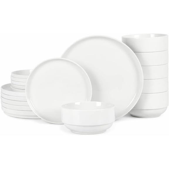 18-Piece Stackable Porcelain Dinnerware Set, Service for 6 – White Plates and Bowls, Microwave & Dishwasher Safe, Durable Everyday Kitchen Dinner Plates and Bowls Set