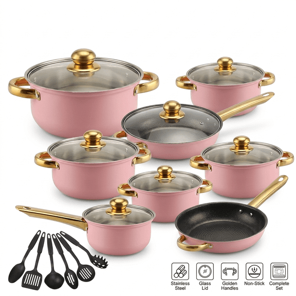 18 Piece Stainless Steel Cookware Set Pink Pots and Pans with Kitchen Utensils Complete Home Cooking Set