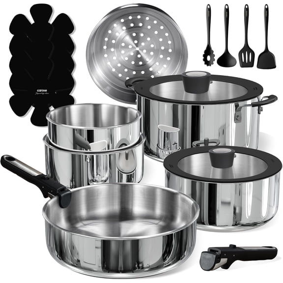 18 Piece Stainless Steel Cookware Set with Detachable Handles Nonstick Induction Oven Safe Camping RV Cookware Silver