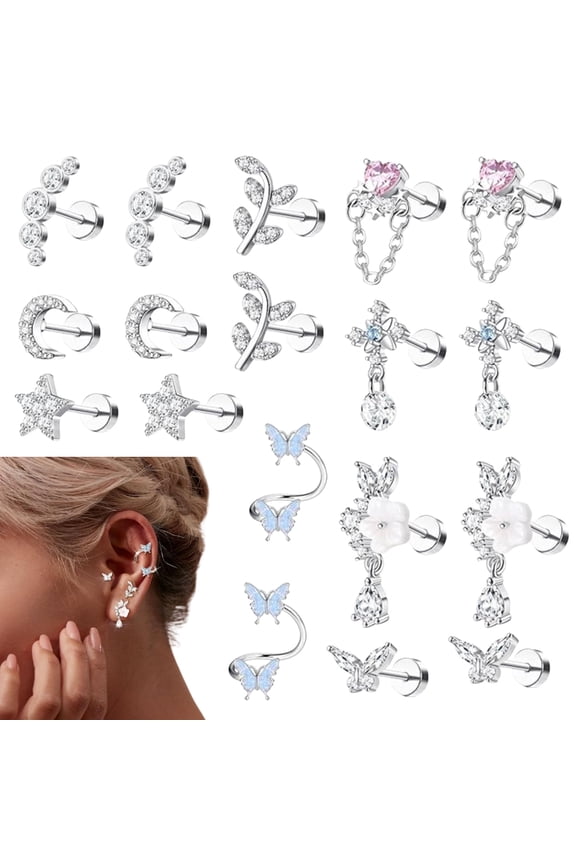 18 Piece Stainless Steel Flat Back Earring Collection for Cartilage & Multiple Piercings | Hypoallergenic, Sleep-Friendly Studs with CZ, Butterfly & Leaf Designs for Women