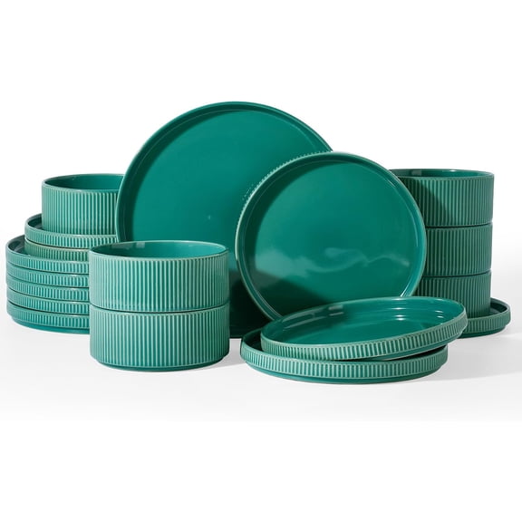 18-Piece Stoneware Dinnerware Set for 6 Sage Green Ribbed Plates and Bowls Microwave and Dishwasher Safe